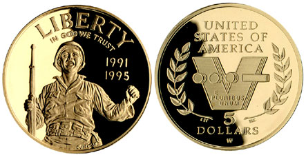 1991-1995 World War II $5 Gold Coin