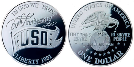 1991 S $1 USO Commemorative Silver Dollar NGC PF69 UC 
