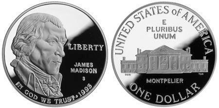 1993 S James Madison Bill Of Rights Proof Commem 90% Silver Dollar US Coin